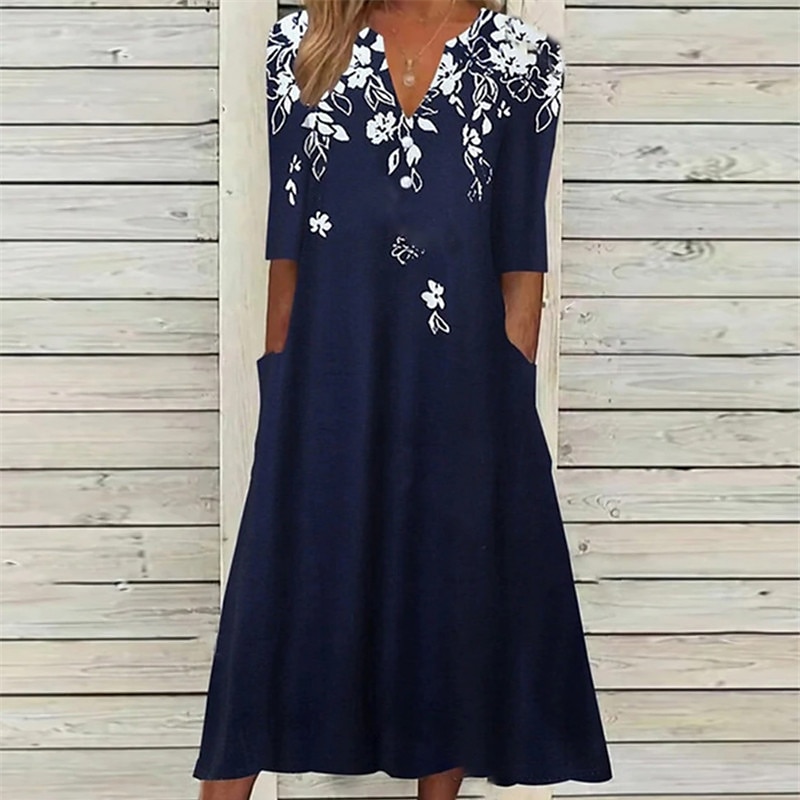 Női Midi Ruha Kényelmes Ruha Tengerészkék Félujjú Virágos Zsebes Nyár Tavasz Ősz V Nyak Vakáció Mindennapi Vakáció 2023 S M L XL XXL 3XL 2025 - $36.99 –P1