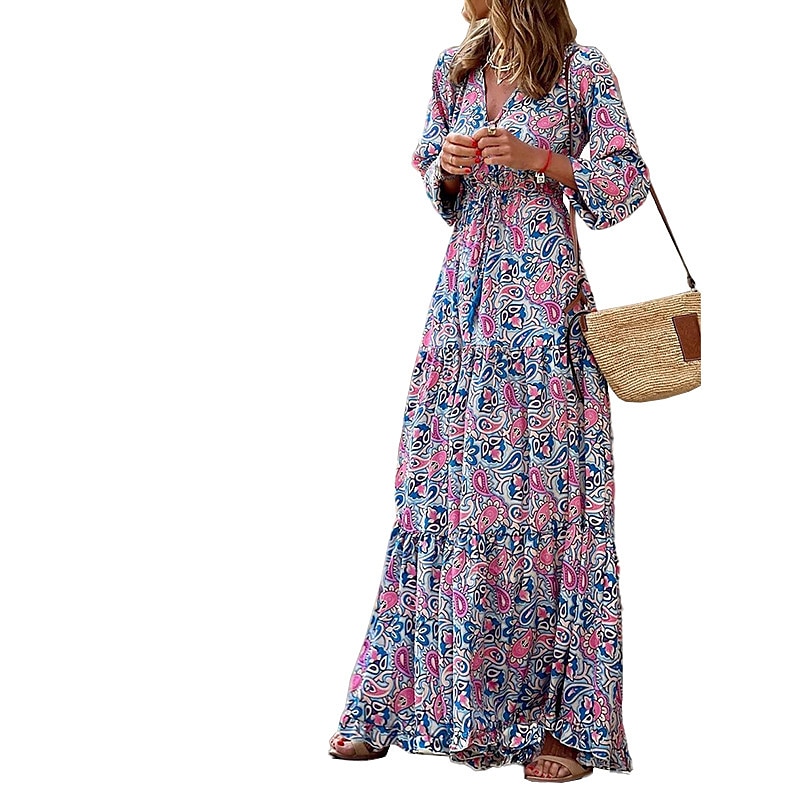 Dame Maxikjole Uformell kjole Boho elegante kjoler Langermet Boho-kjole Boho-kjole Elegant Bohem Stilfull Vinter kjole Feriereise Daglig Normal Blomstret Langermet V-hals Rosa Grønn Høst Vinter 2025 - $41.99 –P5