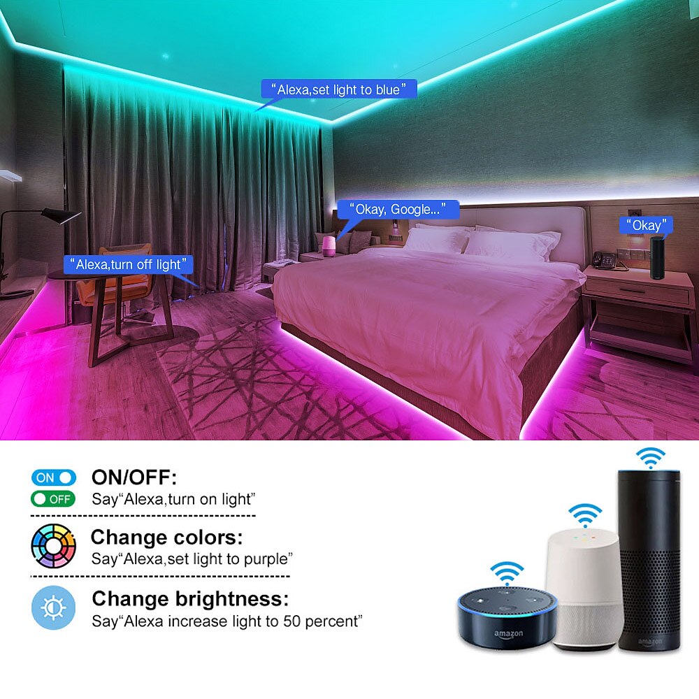 светодиодная лента rgb wifi app control 20m 65.6ft управление приложением работа с Alexa Google Assistant изменение цвета музыка синхронизация для спальни кухня вечеринка с телевизором 2025 - $27.39 –P3