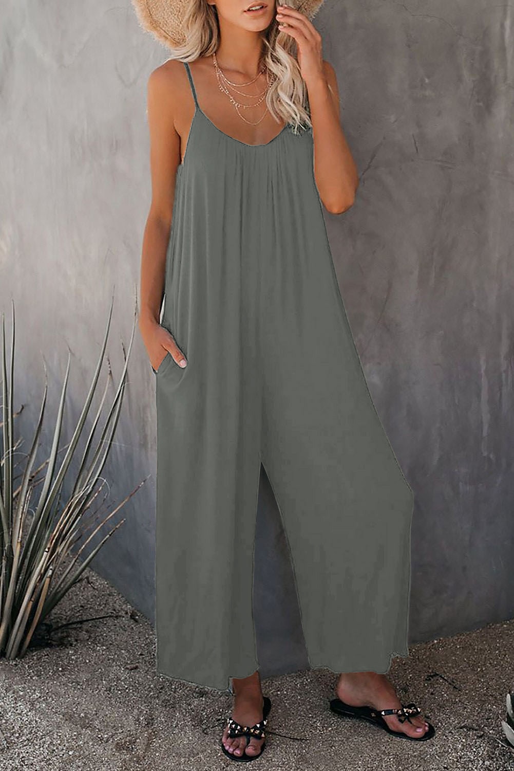 női jumpsuit egyszínű v nyak ünnepnapi kirándulás széles lábszár laza spagetti pántos khaki 3xl nyári 2025 - $24.99 –P4