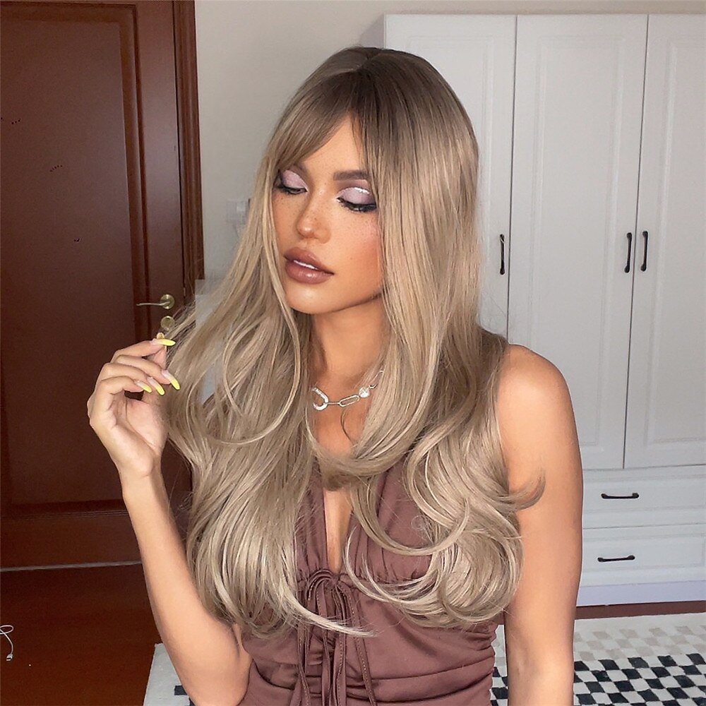 parrucche ondulate lunghe castane ombre capelli con frangia ramato nero biondo onda bianca parrucche attaccatura dei capelli naturale per le donne parrucche barbiecore del 2025 a $37.99 –P5