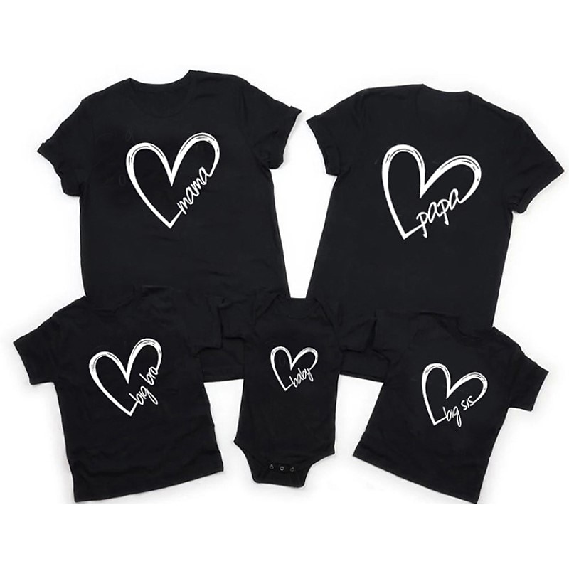 Family T shirt Family Sets Cotton Heart Letter Street Print Black White Dark Grey Short Sleeve Mommy And Me Outfits Active Matching Outfits 2026 - $14.49 –P5