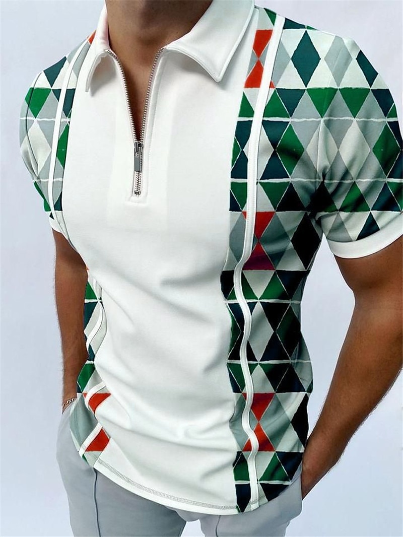 Men's Geometric Zip Polo Shirts Golf Shirt Short Sleeve Polo Shirts Collared Shirts Casual Vacation Wear Formal Wear Festival Wear 3D Print Quarter Zip Polo Black White Red 2025 - $22.99 –P4