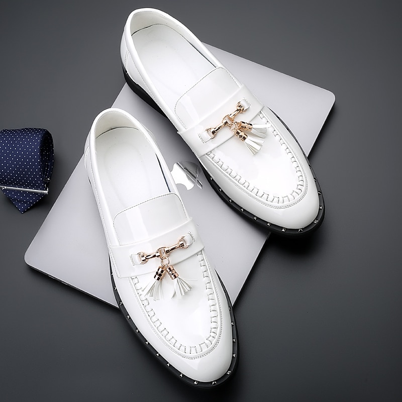 mocassins en cuir verni noir pour hommes avec détails de pompons - chaussures habillées élégantes pour le bureau et les événements de 2025 ? $64.99 –P4
