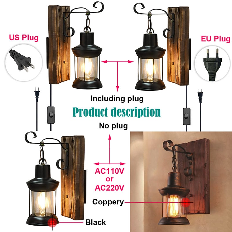 Lightinthebox светодиодный настенный светильник винтажный ретро деревянный металл живопись цветной настенный светильник бра светильник с вилкой длиной 6 футов и выключателем вилка 2026 - $113.99 –P13