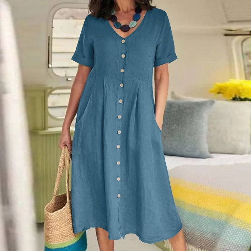 Damen Schwarz Weiß Armeegrün Sommer Frühling Herbst Maxikleid Leinen-inspirierte Kleider Freizeitkleid Baumwoll-Leinenkleid Elegant Basic Klassisch Outdoor Urlaub Täglich Normale Passform Einfarbig V 2025 - $26.99 –P15