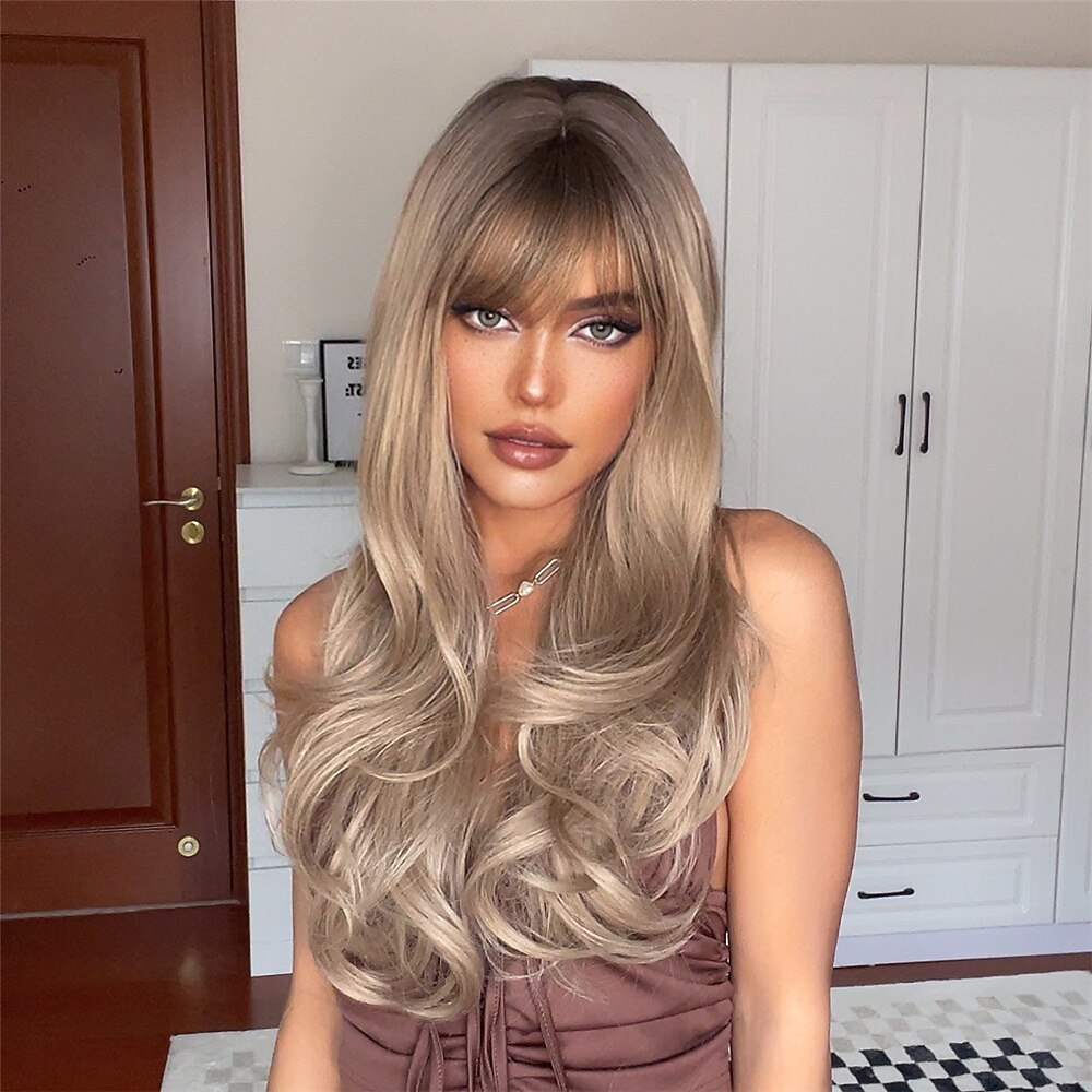 parrucche ondulate lunghe castane ombre capelli con frangia ramato nero biondo onda bianca parrucche attaccatura dei capelli naturale per le donne parrucche barbiecore del 2025 a $37.99 –P3