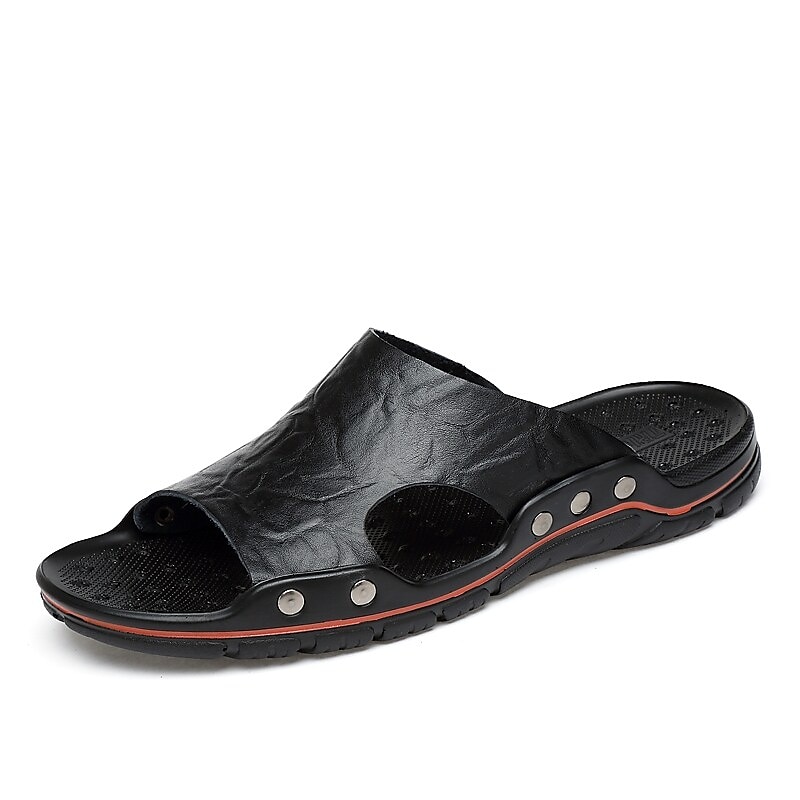 svarta slip-on lädersandaler för män – avslappnade strandrutschbanor med öppen tå med dubbdesign och bekväm sula 2025 - $32.99 –P3