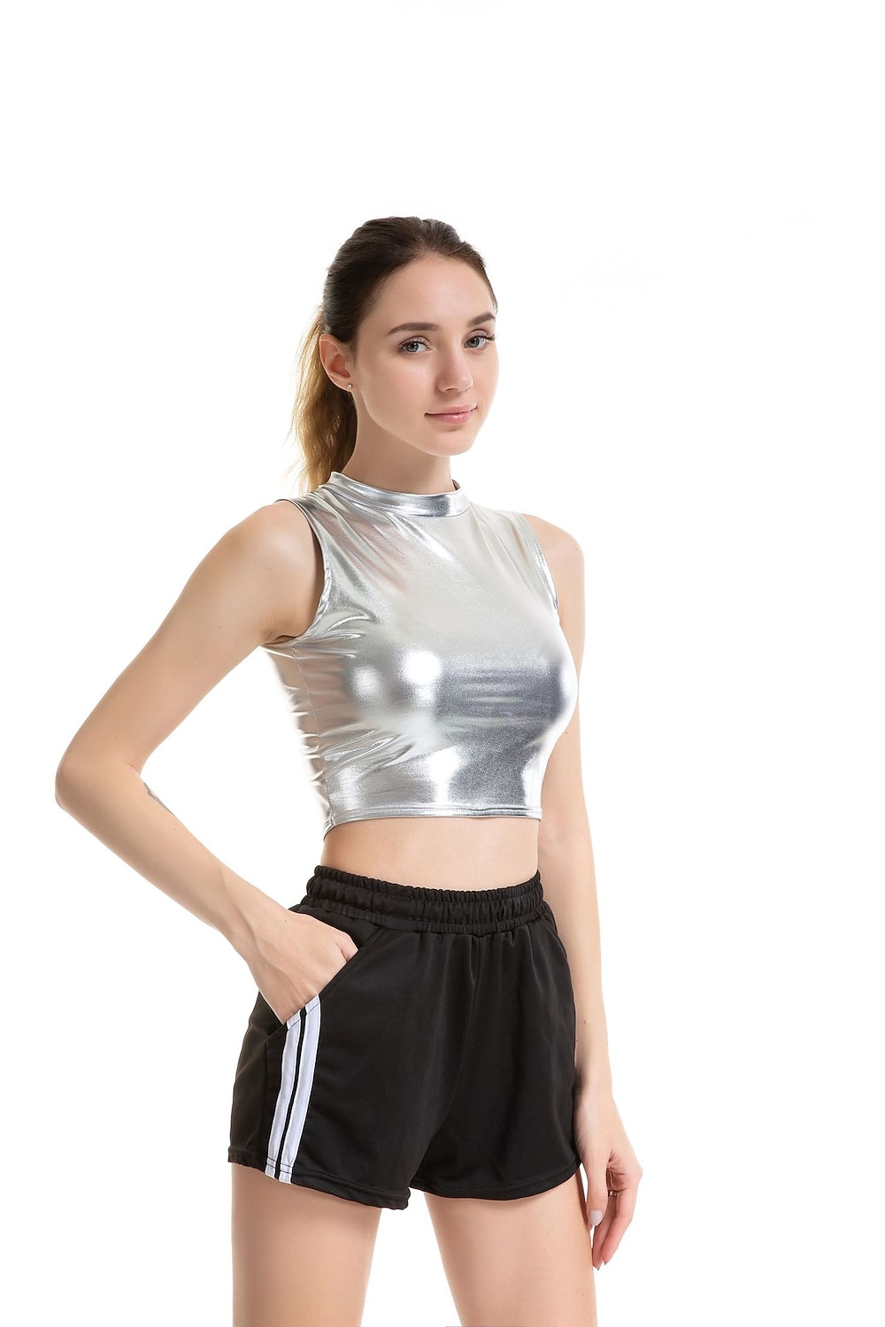 Metaliczne Lata 80 Błyszczący patent na lateks Crop top Skóra PU Strój na bal maskowy Damskie Strój karnawałowy Bal maskowy Impreza Wieczór panieński Parada równości Dla dorosłych Top 2025 - $22.99 –P15