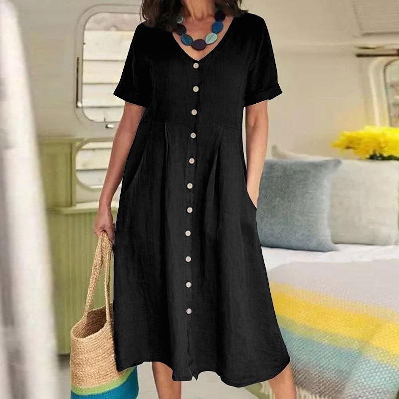 Damen Schwarz Weiß Armeegrün Sommer Frühling Herbst Maxikleid Leinen-inspirierte Kleider Freizeitkleid Baumwoll-Leinenkleid Elegant Basic Klassisch Outdoor Urlaub Täglich Normale Passform Einfarbig V 2025 - $26.99 –P11