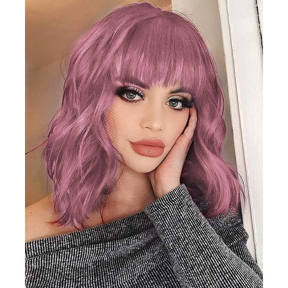 Peruca Curta Onda Rosa com Franja Peruca Curta Bob Cacheada Rosa com Franja Peruca Onda Pastel para Mulheres Peruca Sintética Colorida Cosplay Perucas Halloween de 2025 por $20.99 –P1