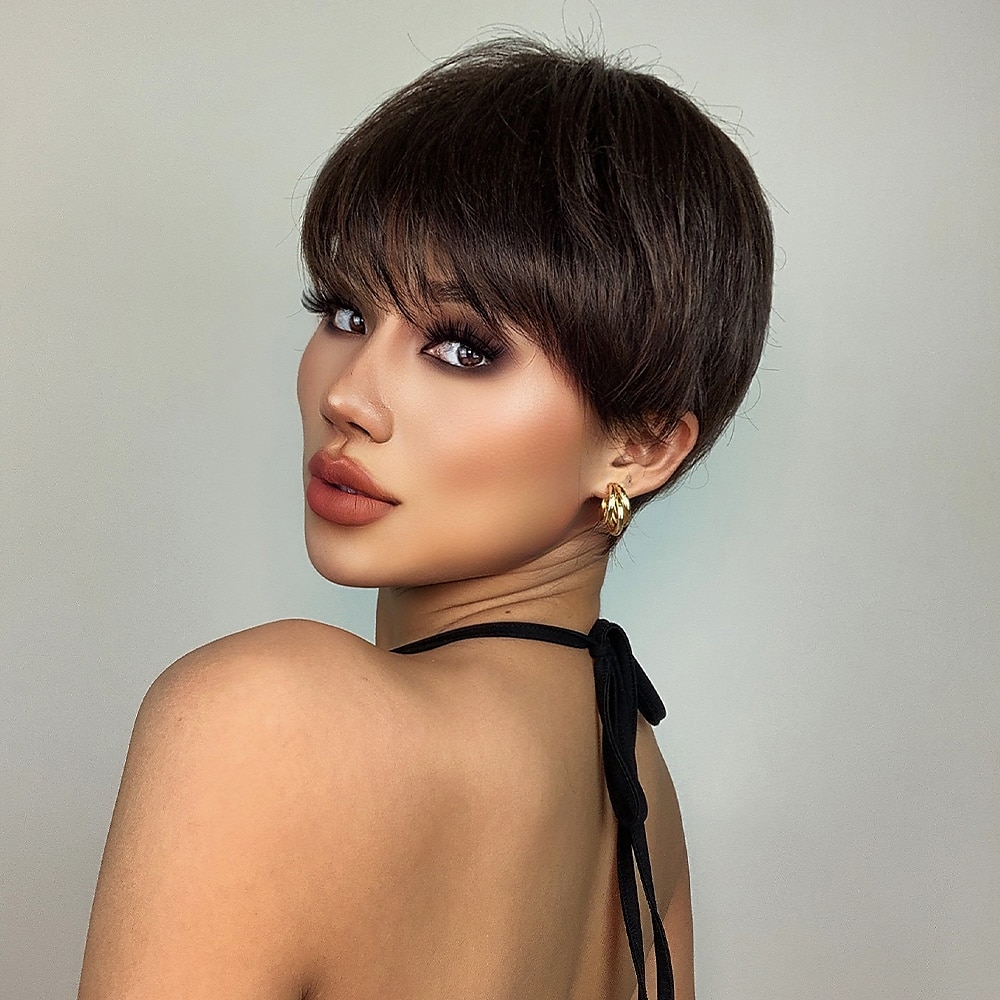 Haircube krótkie proste peruki ombre brązowe włosy syntetyczne peruki z grzywką dla czarnych kobiet codziennie cosplay żaroodporne naturalne włosy peruki boże narodzenie party peruki 2025 - $29.99 –P5