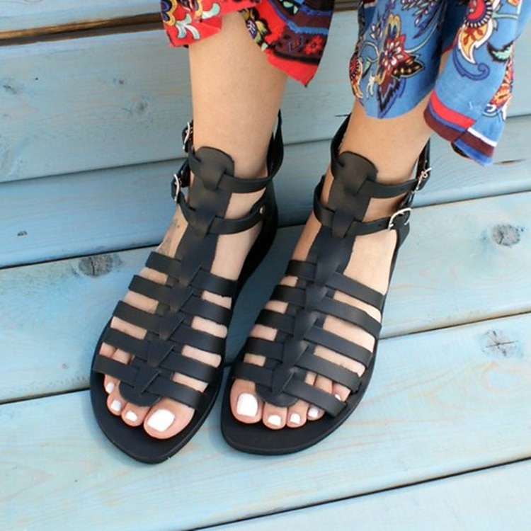 Mujer Sandalias Zapatos romanos Diario Playa Color sólido Verano Tacón Plano Dedo redondo Puntera abierta Vintage Clásico Cuero Sintético PU Sintéticos Hebilla Marrón Claro Negro Dorado 2025 - €28.99 –P3
