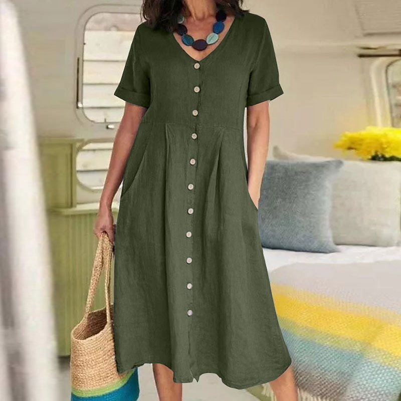 Damen Schwarz Weiß Armeegrün Sommer Frühling Herbst Maxikleid Leinen-inspirierte Kleider Freizeitkleid Baumwoll-Leinenkleid Elegant Basic Klassisch Outdoor Urlaub Täglich Normale Passform Einfarbig V 2025 - $26.99 –P13