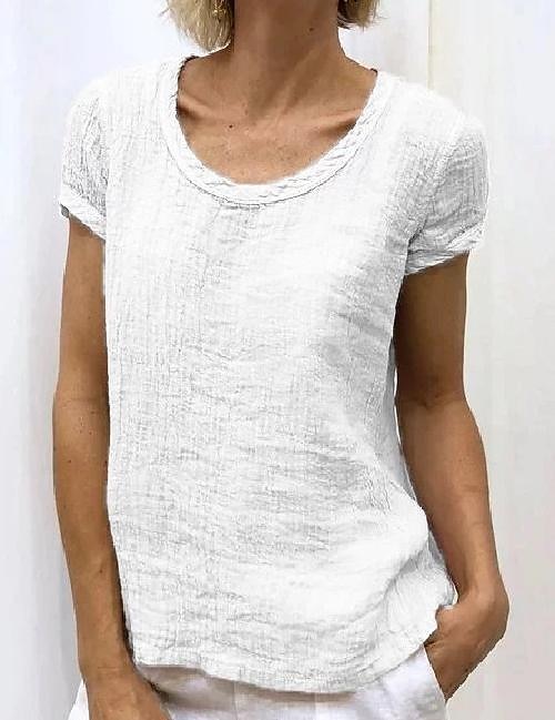 Dames Overhemd Katoenen linnen overhemd Blouse Effen Basic Korte mouw Ronde hals Normale tops Casual Wit Blozend Roze Hemelsblauw Groen Licht Grijs 2025 - $23.99 -P2
