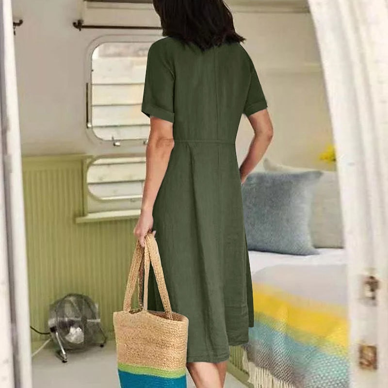 Damen Schwarz Weiß Armeegrün Sommer Frühling Herbst Maxikleid Leinen-inspirierte Kleider Freizeitkleid Baumwoll-Leinenkleid Elegant Basic Klassisch Outdoor Urlaub Täglich Normale Passform Einfarbig V 2025 - $26.99 –P14