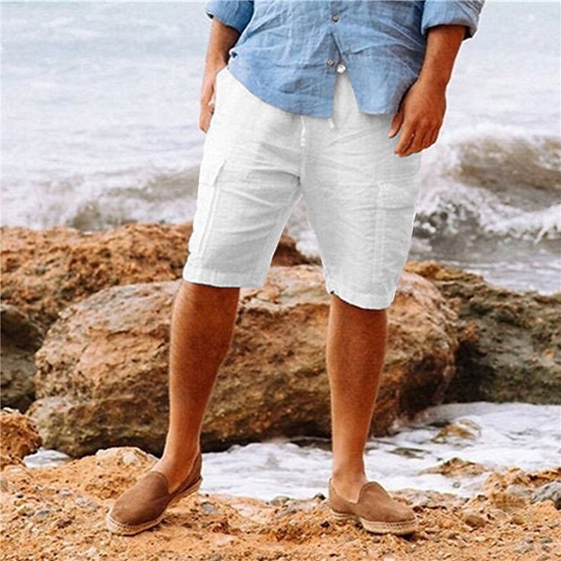 Men's Shorts Linen Shorts Summer Shorts Beach Shorts Drawstring Multi Pocket Plain Comfort Breathable Knee Length Casual Daily Streetwear Classic Style White Army Green 2025 - $22.99 –P12