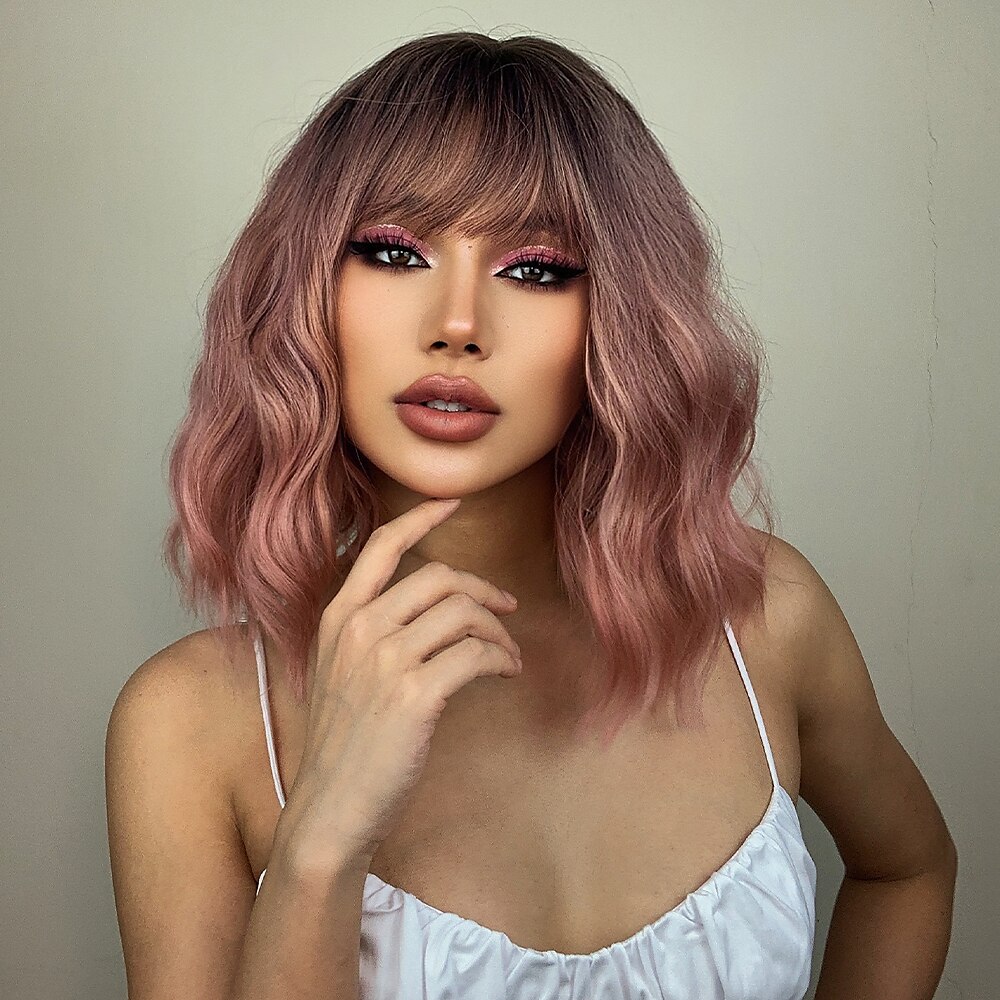 parrucche bob haircube parrucche rosa water wave coaplay con frangetta parrucche bob corte marrone ramato per le donne afroamericane del 2025 a $23.99 –P1