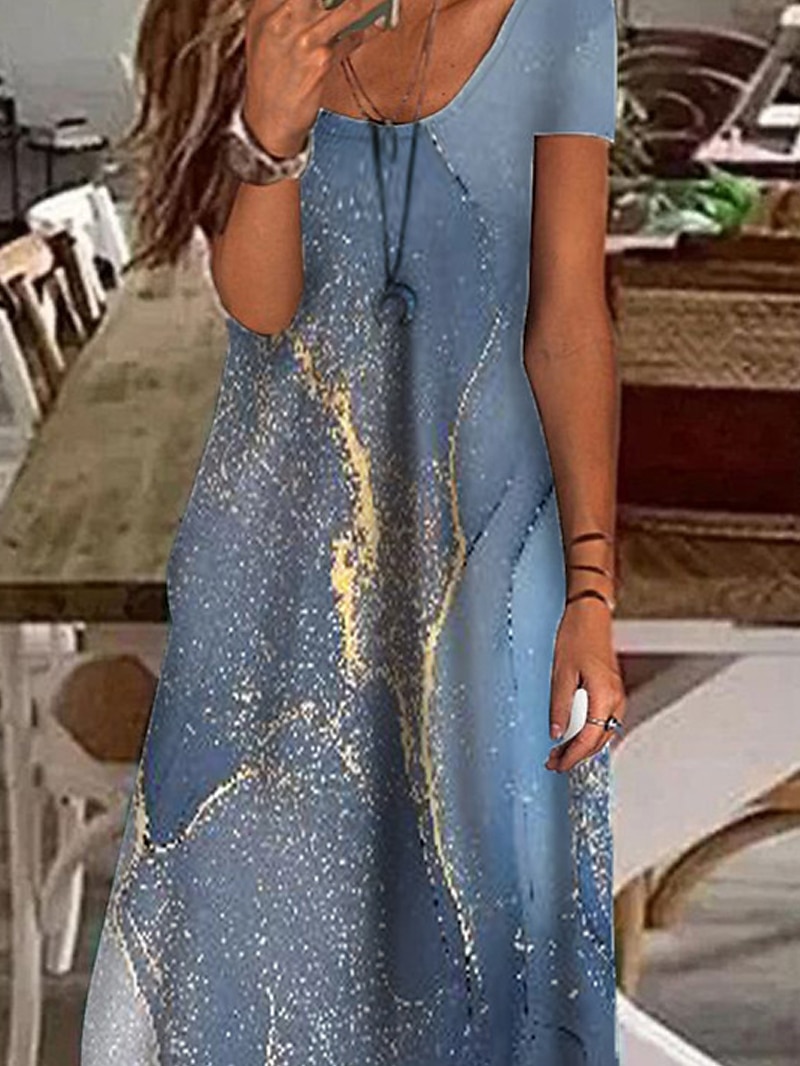Kvinnors Maxi Klänning Avslappnad Klänning Shift Klänning Elegant Semester Avslappnad Utomhus Semester Dagligt Regular Fit Färggradient Marmor Kort Ärmd V-hals Blå Ljusblå Sommar Vår 2025 - $31.99 –P3