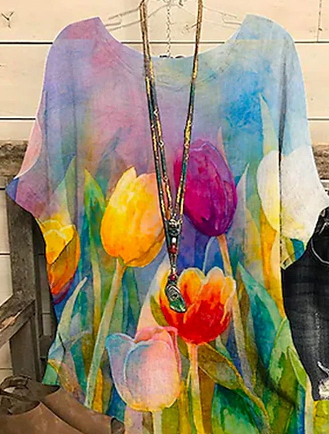 Női Plus Size Blúz Chiffon Alapvető Virág Mintás Dolman Ujjú Rövid Ujjú Kerek Nyak Mindennapi Weekend Kék Nyár Tavasz 2025 - $28.99 –P1