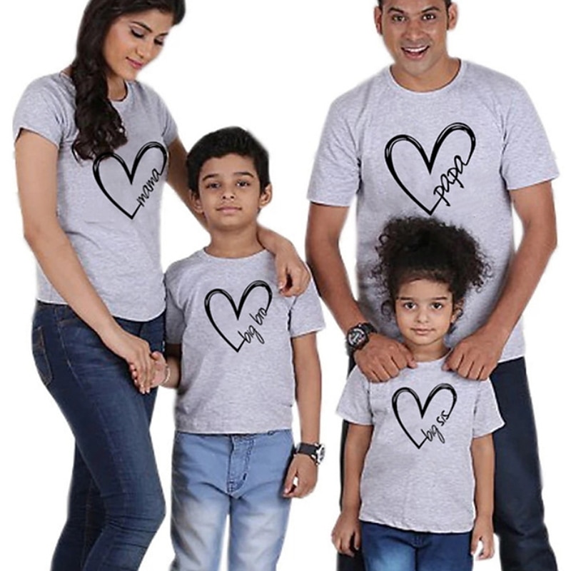 Family T shirt Family Sets Cotton Heart Letter Street Print Black White Dark Grey Short Sleeve Mommy And Me Outfits Active Matching Outfits 2026 - $14.49 –P2
