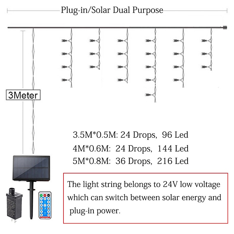 LED Curtain Lights Solar 3x0.5m 4mx0.6m 5x0.8 24V Low Voltage Remote Control Solar Power Plug-in Dual Purpose String Light Thanksgiving Christmas Outdoor Party Garden Decoration Fairy Lights Gypsophila 1 set 2025 - $39.99 –P5