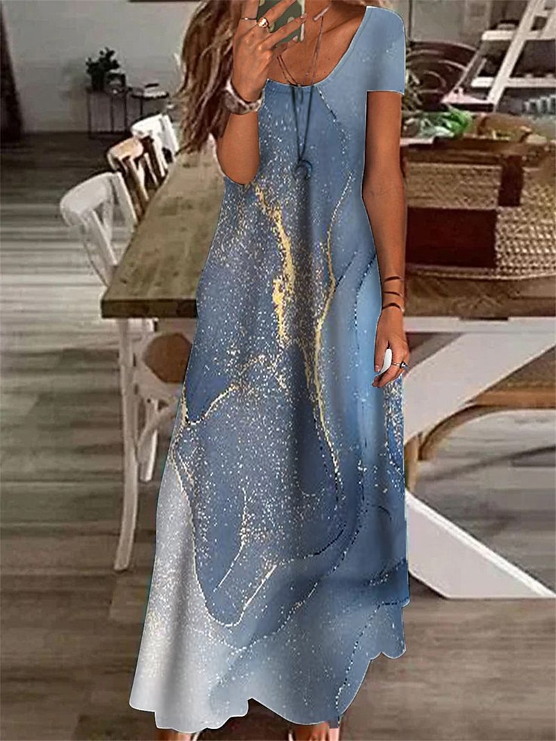 Kvinnors Maxi Klänning Avslappnad Klänning Shift Klänning Elegant Semester Avslappnad Utomhus Semester Dagligt Regular Fit Färggradient Marmor Kort Ärmd V-hals Blå Ljusblå Sommar Vår 2025 - $31.99 –P2