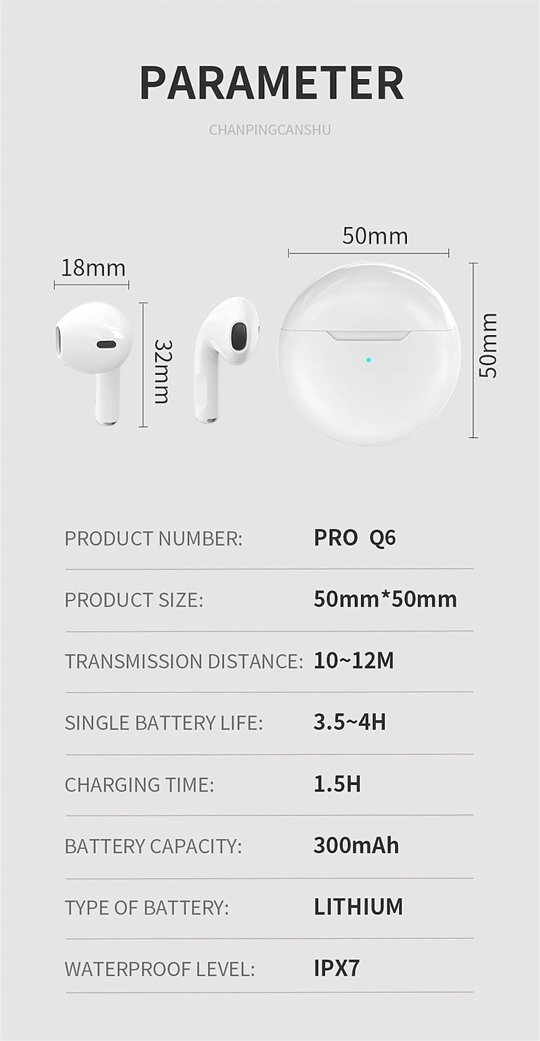 2025年 PRO6 TWSトゥルーワイヤレスヘッドフォン 耳の中 Bluetooth 5.1 ステレオ 充電ボックス付き スマートタッチコントロール のために Apple Samsung Huawei Xiaomi MI ズンバ 日常使用 旅行 携帯電話  コレクション – $13.99 –P14