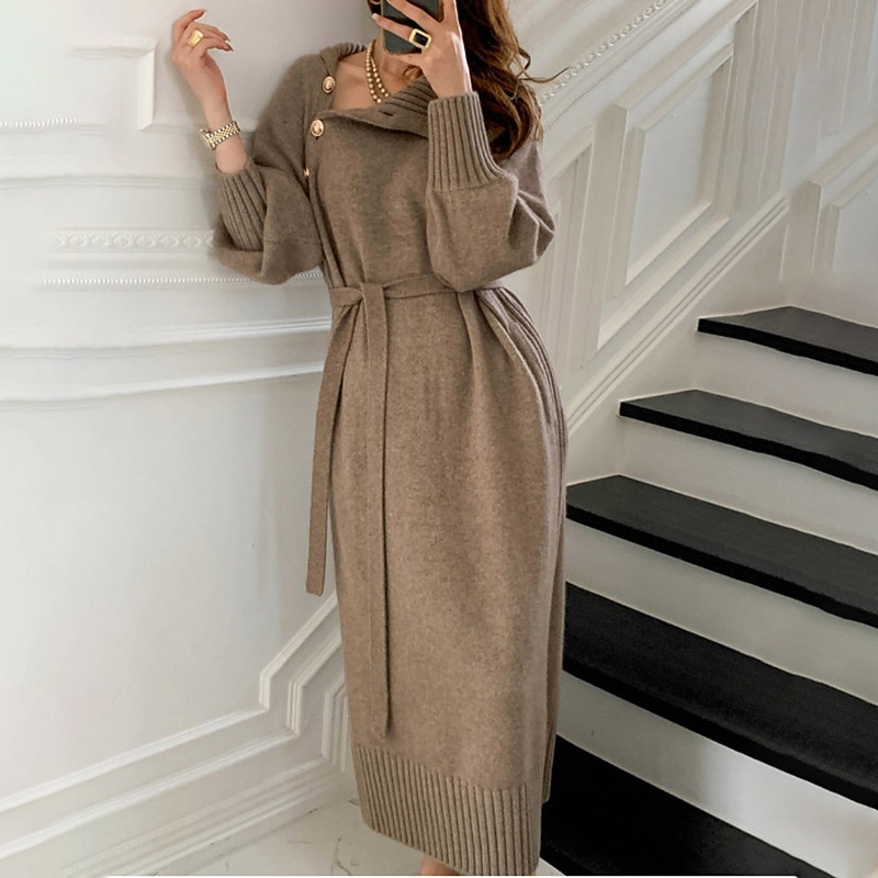 dam tröja klänning vinter klänning fodral klänning knälång klänning svart khaki beige långärmad ren färg knapp höst vinter höst polokrage snygg vinter klänning höst klänning lös passform 2023 one-size 2025 - $38.99 –P1