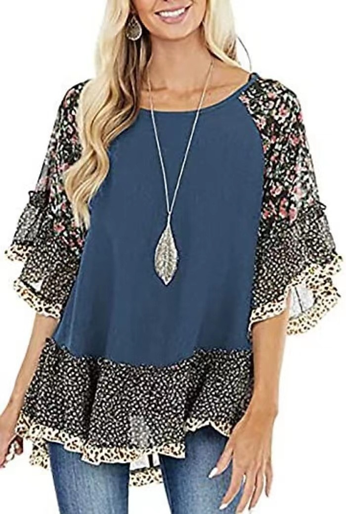 Damskie Koszula Koszula Boho Tunika Bluzka Kwiaty Panterka Moda miejska Codzienny Rękaw 3/4 Okrągły dekolt Zwykłe topy Codzienny Weekend Falbana Nadruk Lejąca tunika Czarny Biały Jasnozielony 2025 - $31.99 –P2