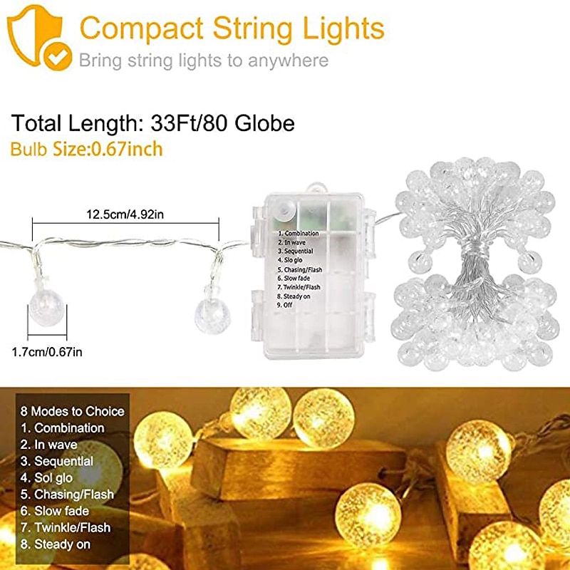 10m 80leds globe lichtslingers mini bal met afstandsbediening led kerst licht bal lichtslingers 10m 80led 8 modi verlichting waterdicht kerstverlichting bruiloft tuin slaapkamer woondecoratie 2025 - $18.49 –P2
