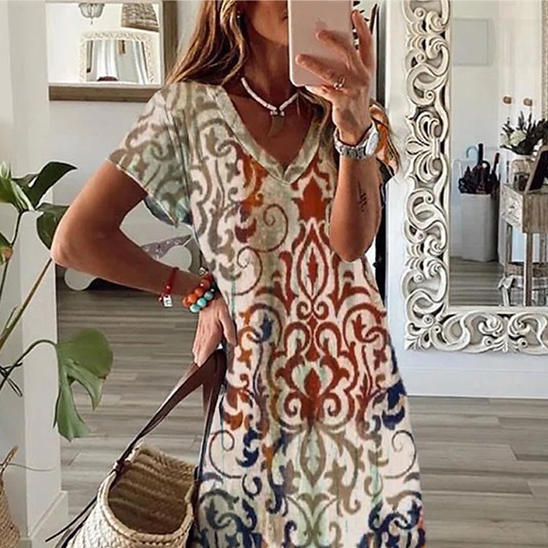 Kvinnors Maxi Klänning Avslappnad Klänning Skift Klänning Blommig Utomhus Semester Daglig Regular Fit Kort Ärmar V-hals Khaki Sommar Vår 2025 - $51.99 –P2