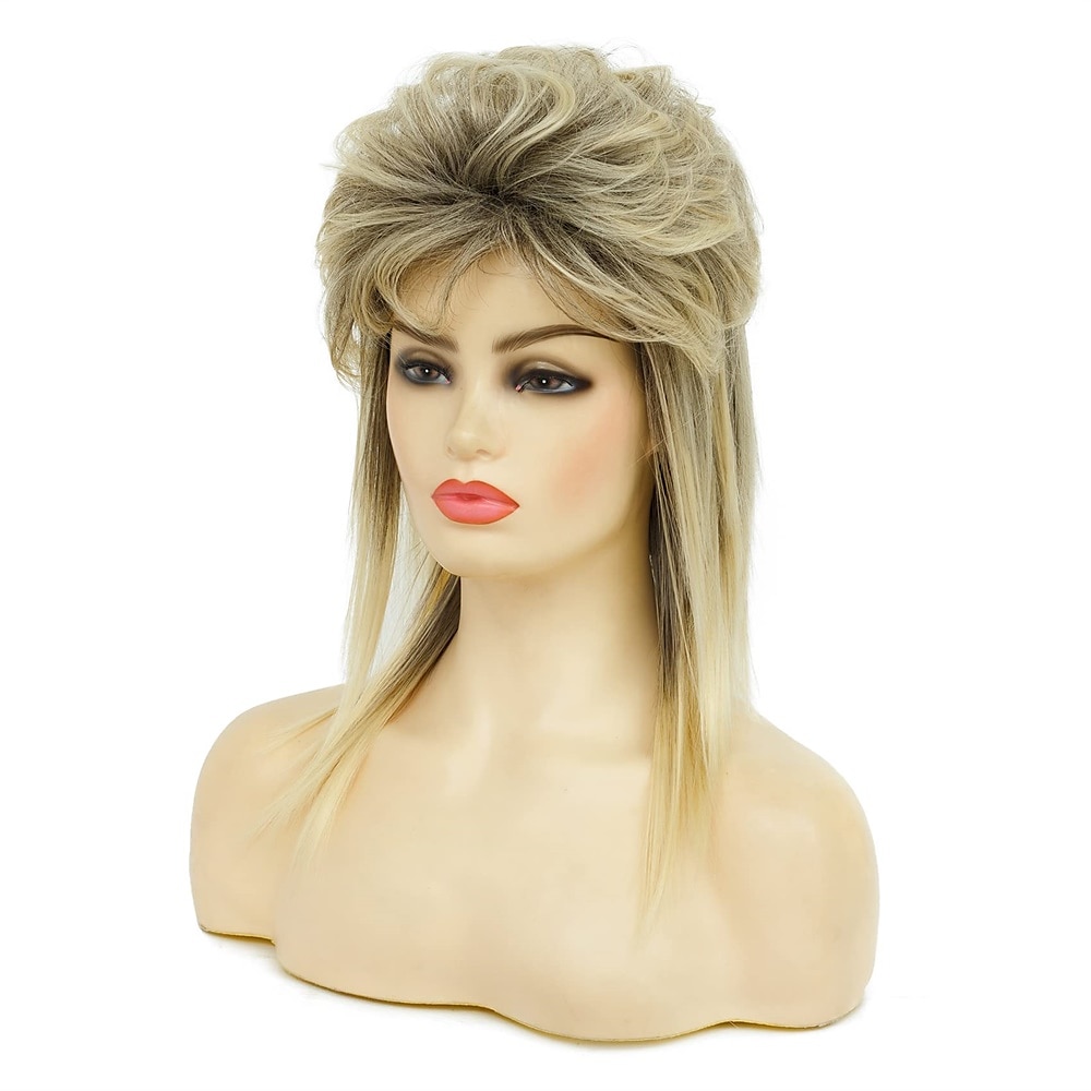 Parrucche a Nido d'Api Parrucca Mullet Capelli Metal Bionda Parrucca Mullet per Donne Ombre Nere Ricce Morbide Resistenti al Calore Capelli Lunghezza Spalla Rocker degli Anni '80 Cosplay Radici Scure del 2025 a $28.99 –P5