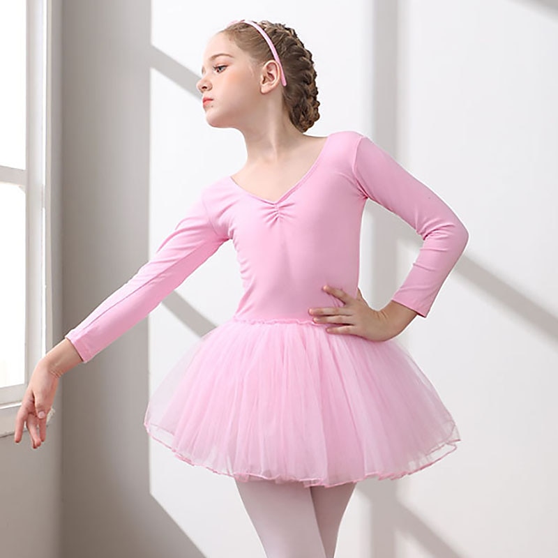 2026年 子供用ダンスウェア バレエ ドレス ピュアカラー スプライシング チュール 女の子 訓練 性能 長袖 ハイウエスト コットン混 チュール  コレクション – $28.99 –P4