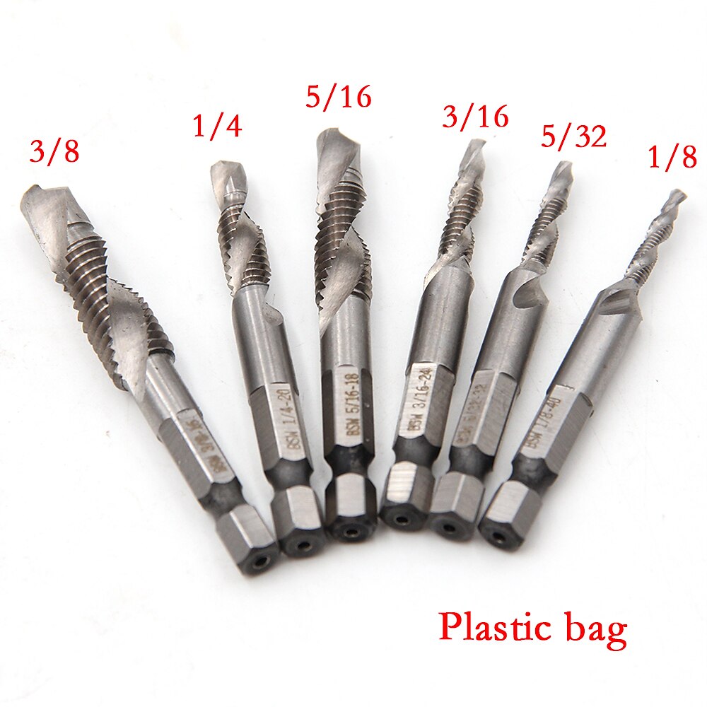 6 stks 1/8-3/8 inch draad hss combinatie boor tap bit set 1/4 inch hex schacht ontbraam verzinkboren 2025 - $18.99 –P8