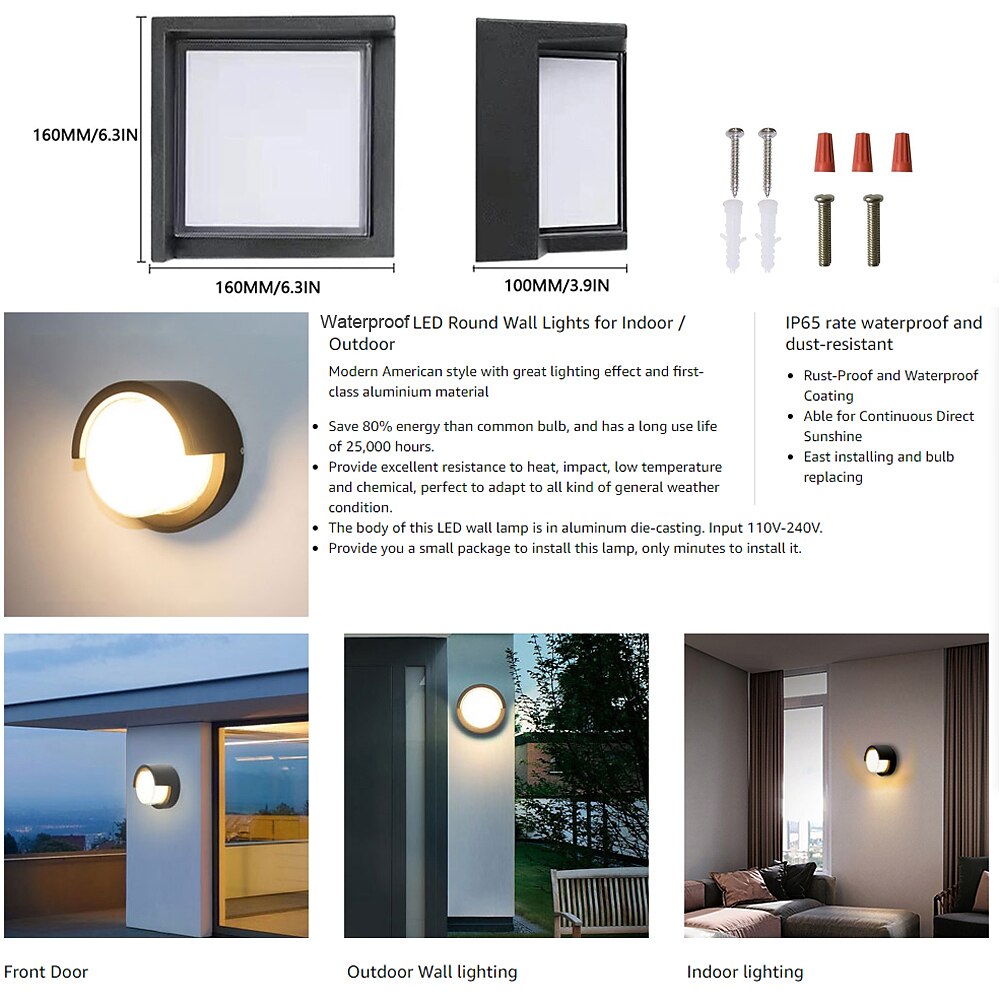 Outdoor Wall Lamp Porch Lamp 12W LED Matte Black Exterior Wall Lamp 3 Colors Can be Changed Suitable for Installing Wall Courtyard Lamp Garage Aisle Backyard Garden AC85-265V 2025 - $82.99 –P8