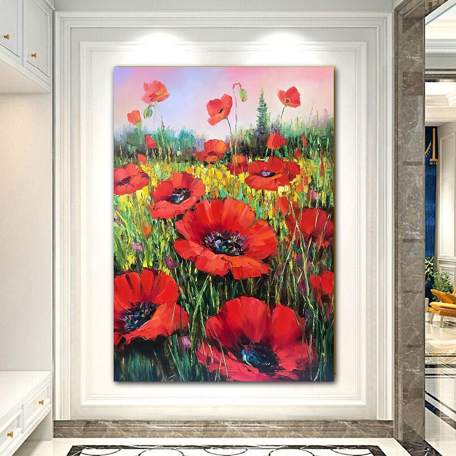 handgjord oljemålning canvasvägg konst dekoration abstrakt kniv målning blommor röd för heminredning rullad ramlös osträckt målning 2025 - $108.99 –P2