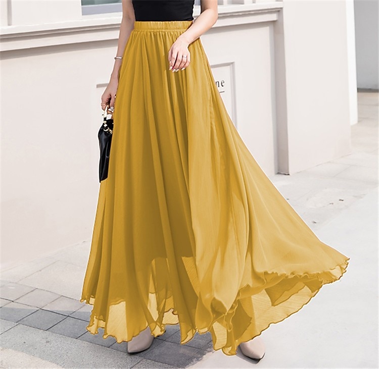 Women's Skirt Swing Work Skirts Long Skirt Maxi Skirts Chiffon Solid  Colored Office / Career Daily Spring