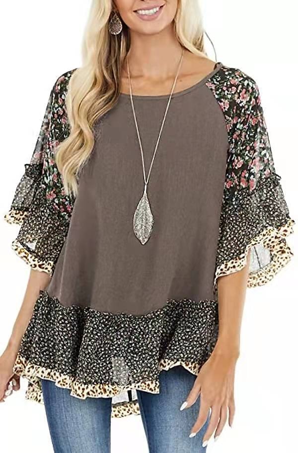 Damskie Koszula Koszula Boho Tunika Bluzka Kwiaty Panterka Moda miejska Codzienny Rękaw 3/4 Okrągły dekolt Zwykłe topy Codzienny Weekend Falbana Nadruk Lejąca tunika Czarny Biały Jasnozielony 2025 - $31.99 –P12