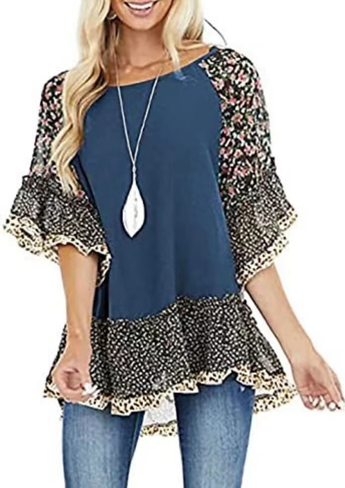 Damskie Koszula Koszula Boho Tunika Bluzka Kwiaty Panterka Moda miejska Codzienny Rękaw 3/4 Okrągły dekolt Zwykłe topy Codzienny Weekend Falbana Nadruk Lejąca tunika Czarny Biały Jasnozielony 2025 - $31.99 –P4