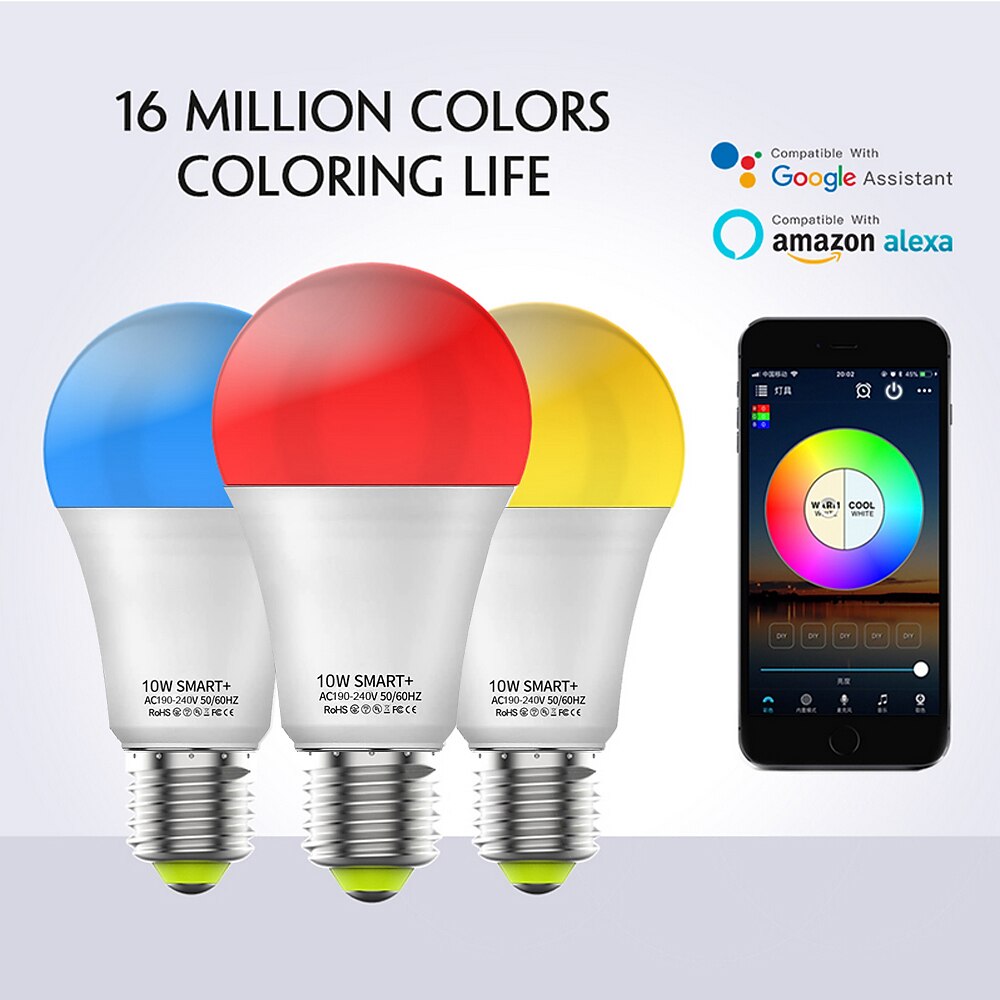 6pcs 4pcs 2pcs10W WiFi Smart LED Light Bulb Work with Alexa & Google Dimmable A19 A60 E26 E27 RGBCCT Color Changing No Hub Required 2025 - $24.99 –P4