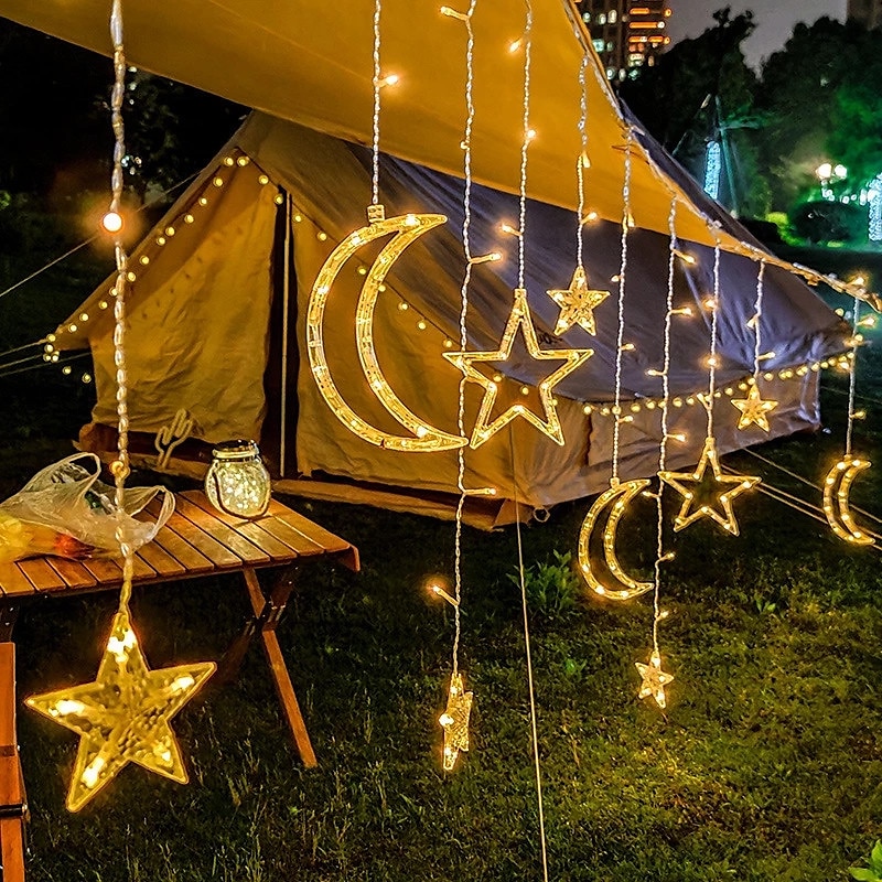 Luz de luna y estrella LED con energía solar y control remoto, iluminación navideña para vacaciones, luces LED de cadena flexibles para guirnalda, césped, patio, camping, decoración colorida, 2025 - $59.99 –P10