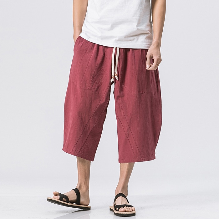 Herr Shorts Linne Shorts Sommarshorts Trekvartslånga Beach Shorts Snörning Elastisk midja Rakt ben Slät Komfort Andningsfunktion Vadlängd Utomhussport Ledigt Dagligen Streetwear Klassisk Stil Svart 2025 - $21.99 -P4