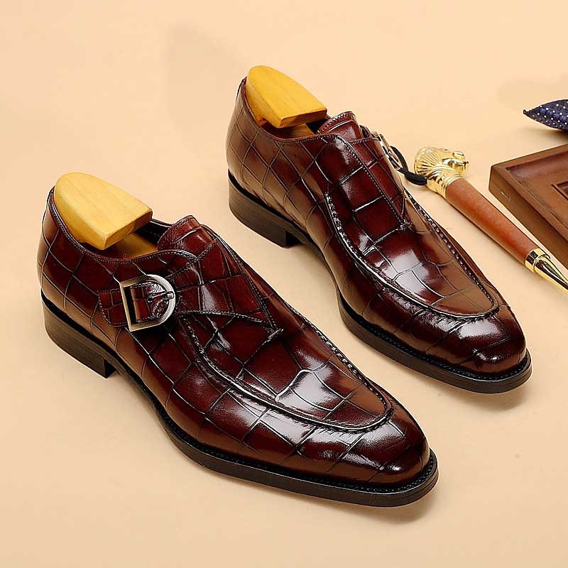 Burgunderrote Monkstrap-Schuhe aus Kunstleder mit Krokodilmuster für Herren – elegantes, formelles Schuhwerk mit Schnallendesign für Hochzeiten, das Business und besondere Anlässe 2025 - $46.99 –P4