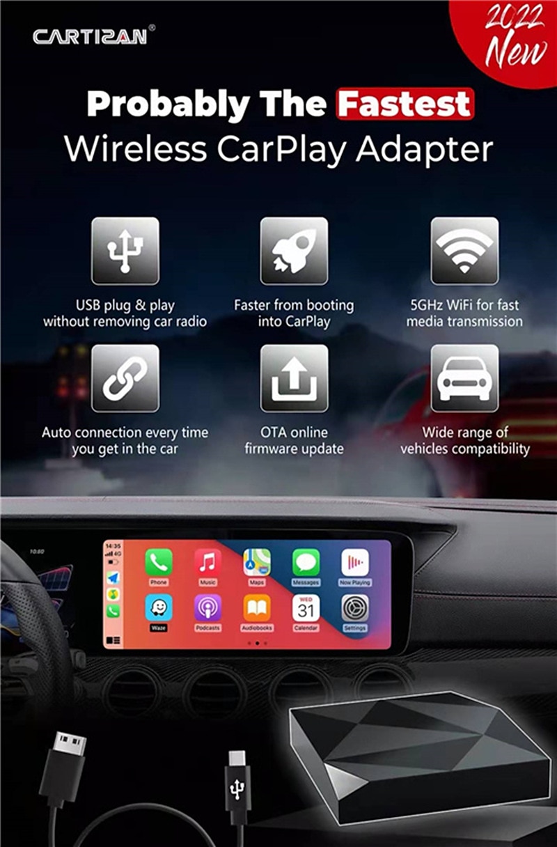 Wireless CarPlay Adapter 2022 Speed Fastest for Apple Wireless CarPlay Dongle Plug & Play 5Ghz WiFi Auto Connect No Delay Online Update U2-AIR for Wired CarPlay Cars Model Year After 2016 2023 - £ 55 –P4