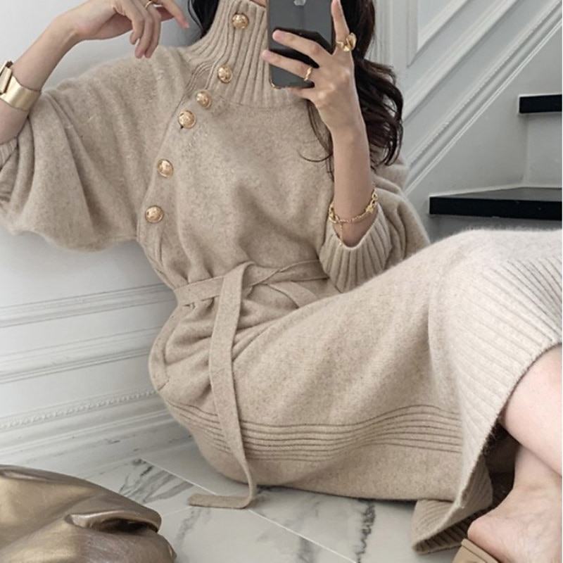 dam tröja klänning vinter klänning fodral klänning knälång klänning svart khaki beige långärmad ren färg knapp höst vinter höst polokrage snygg vinter klänning höst klänning lös passform 2023 one-size 2025 - $38.99 –P6