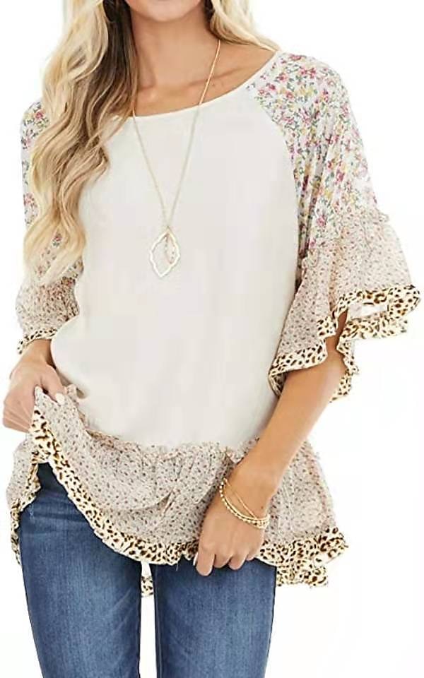 Damskie Koszula Koszula Boho Tunika Bluzka Kwiaty Panterka Moda miejska Codzienny Rękaw 3/4 Okrągły dekolt Zwykłe topy Codzienny Weekend Falbana Nadruk Lejąca tunika Czarny Biały Jasnozielony 2025 - $31.99 –P11