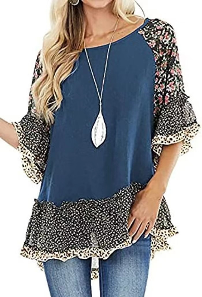 Damskie Koszula Koszula Boho Tunika Bluzka Kwiaty Panterka Moda miejska Codzienny Rękaw 3/4 Okrągły dekolt Zwykłe topy Codzienny Weekend Falbana Nadruk Lejąca tunika Czarny Biały Jasnozielony 2025 - $31.99 –P1