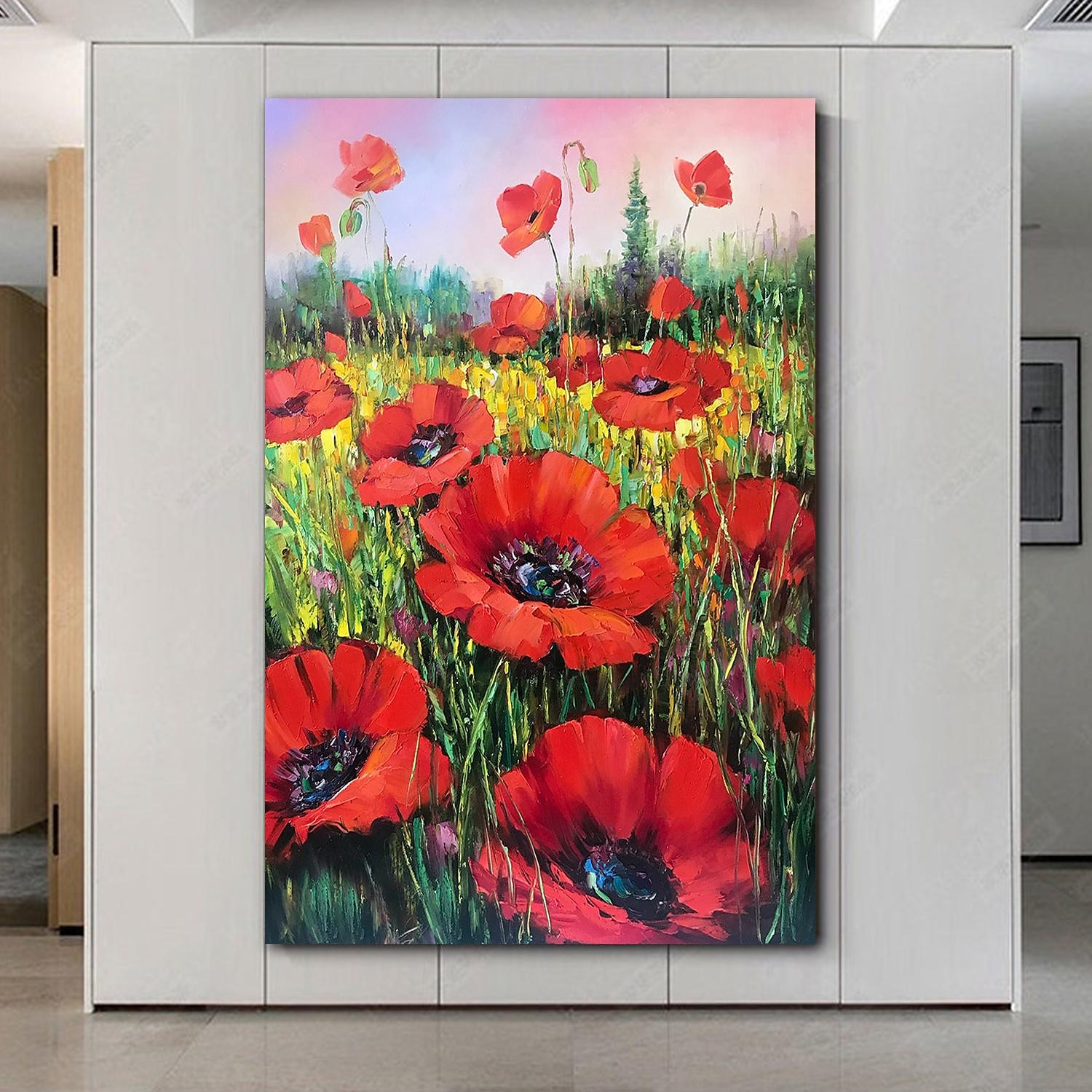 handgjord oljemålning canvasvägg konst dekoration abstrakt kniv målning blommor röd för heminredning rullad ramlös osträckt målning 2025 - $108.99 –P3