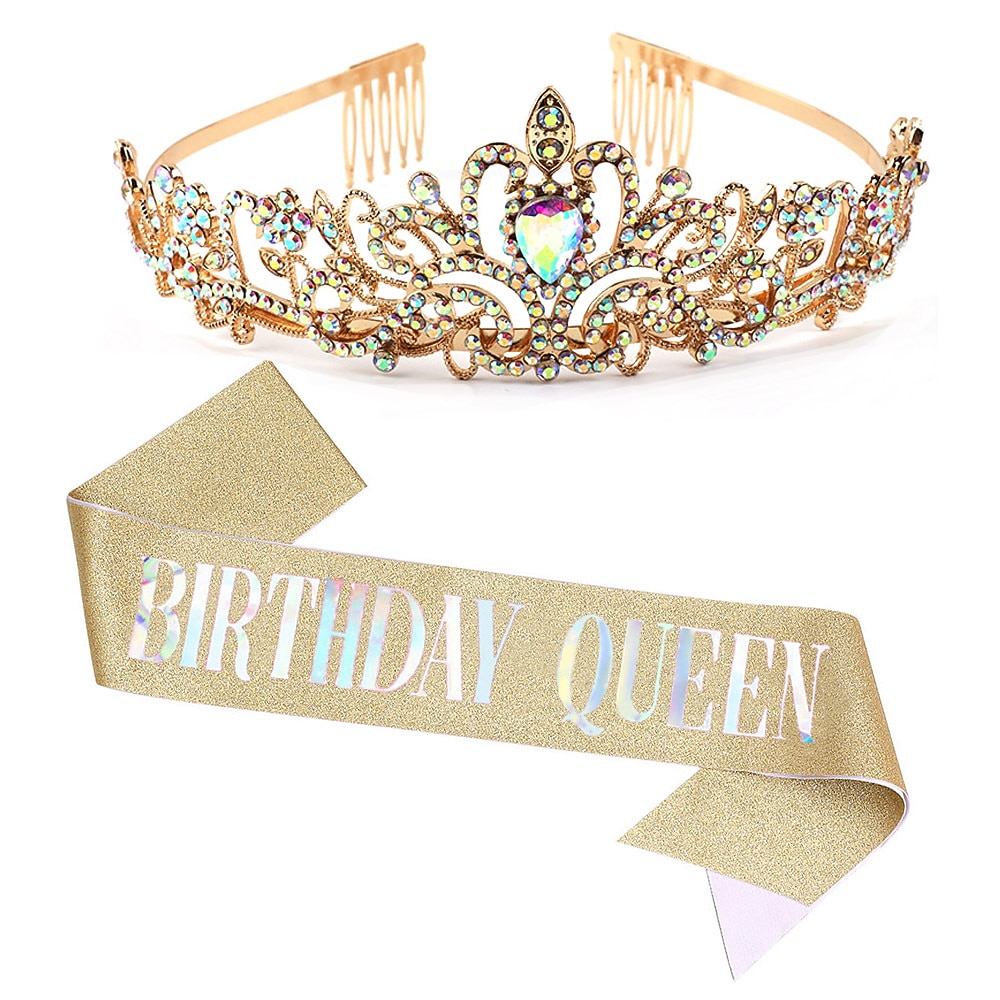 coroana de ziua de nastere & set fete de ziua de naștere, diademe și coroane cu strass pentru femei fete diademă de aur ziua de naștere canapea de aur prințesă diademe coroane regina pentru petrecerea 2025 - $37.99 –P3